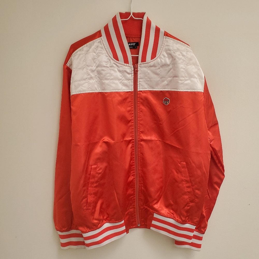Red and White Satin Bomber Jacket